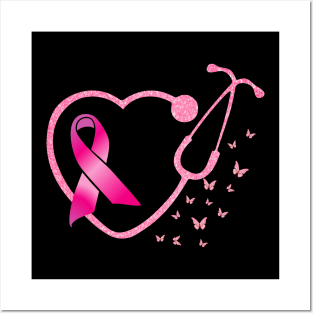 Nurse Breast Cancer Awareness Pink Ribbon Heart Stethoscope Posters and Art